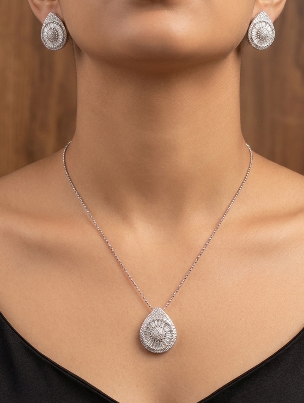 Elegant Silver Teardrop Baguette Halo Jewelry Set
